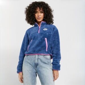Nike Sherpa Fleece Cropped Pullover Blue Pink Quarter Zip Cozy XL